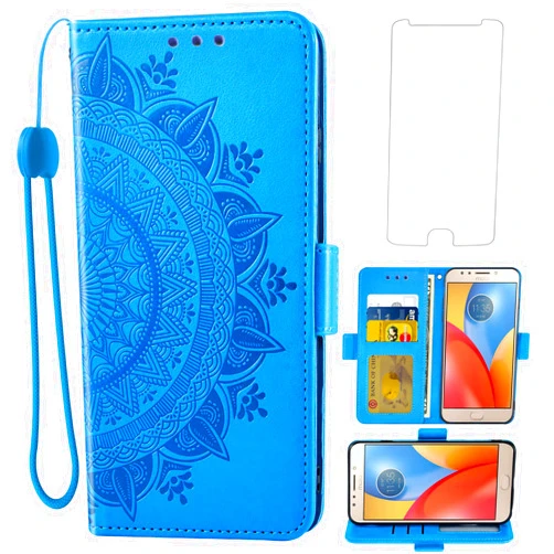 Asuwish Compatible with Moto E4 Plus Wallet Case and Tempered Glass Screen Protector Card Holder Flip Wrist Strap Stand Cell Phone Cover for Motorola E Plus 4th Generation MotoE4 4E + E4+ E4Plus Blue