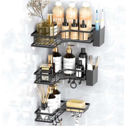 Sitlais Corner Shower Caddy – 5-Pack Rustproof Metal Wall Mounted Shelves with 2 Storage Boxes & 18 Hooks, Adhesive Shower Organizer, Bathroom Corner Shelf, No-Drill, Space-Saving, Durable Black