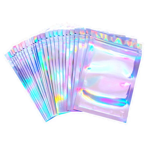 Blulu 100 Pieces Resealable Foil Pouch Bag Foil Pouch Bags Holographic Packaging Bags Foil Storage Bag for Food Storage