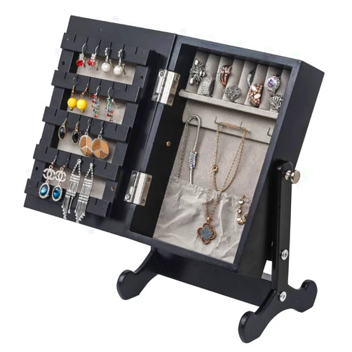 BCGUANG Small Mirror Jewelry Cabinet Organizer,Free Standing Mini Jewelry Armoire Storage Box Countertop with Stand (Black)