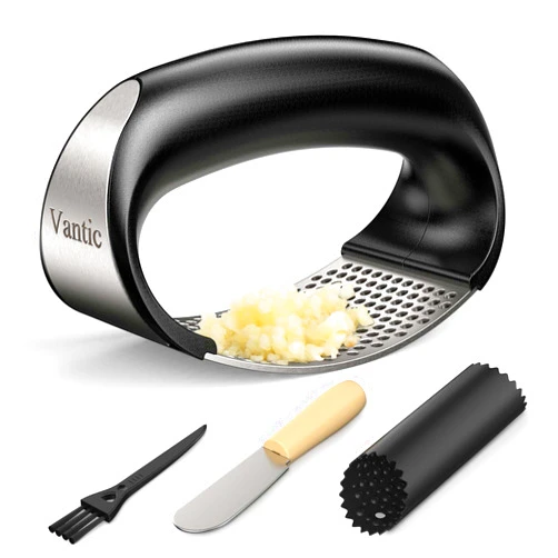 Vantic Garlic Press Rocker - Stainless Steel Garlic Crusher, Mincer and Chopper with Peeler & Scraper, Easy Kitchen Gadget for Effortless Smashing