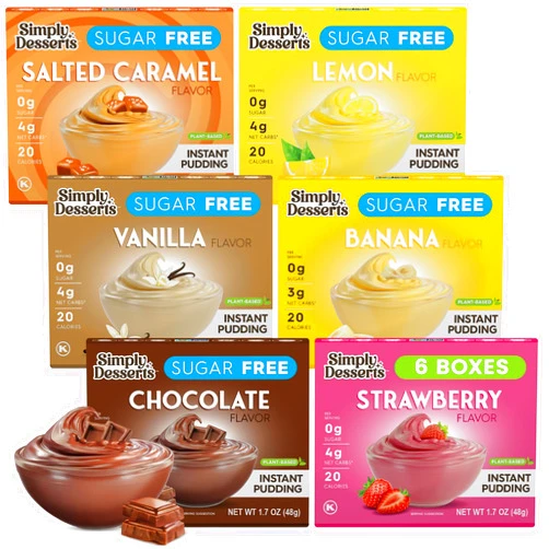 Simply Delish Simply Desserts Strawberry, Chocolate, Vanilla, Banana, Salted Caramel, Lemon Instant Pudding, Sugar-Free, Variety 6-Pack – Healthy Dessert, Keto Snacks, Vegan & Diabetic-Friendly, Kosher, 1.7 Oz Ea