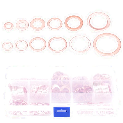 Estink Copper Washer Assortment Set, 280pcs 12 Sizes Assorted Solid Copper Crush Washers Seal Flat Rings Kit Hardware Flat Rings Metric Washers Set W/Storage Box, Gold