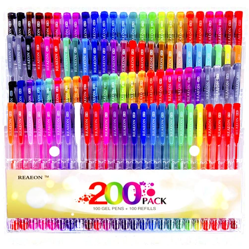 Reaeon Gel Pens, Reaeon 200 Pack Pen with Case for Adult Coloring Books, 100 Color Markers Plus 100 Refills for Drawing Painting Writing.
