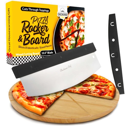 Checkered Chef Premium Pizza Cutter and Cutting Board Set - Rocker Pizza Cutter and 13.5 Inch Round Wooden Pizza Board - Outdoor Pizza Oven Accessories