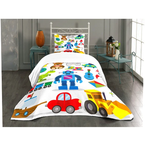 Lunarable Cartoon Bedspread, Colorful Toys Art Style Robot and Dinosaur Ship Controller UFO, Decorative Quilted 3 Piece Coverlet Set with 2 Pillow Shams, Twin Size, Multicolor