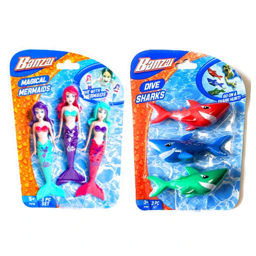 Banzai 3 Piece Magical Mermaid Dolls and 3 Piece Dive Sharks Pool Toys Bundle Set of Pool Toys