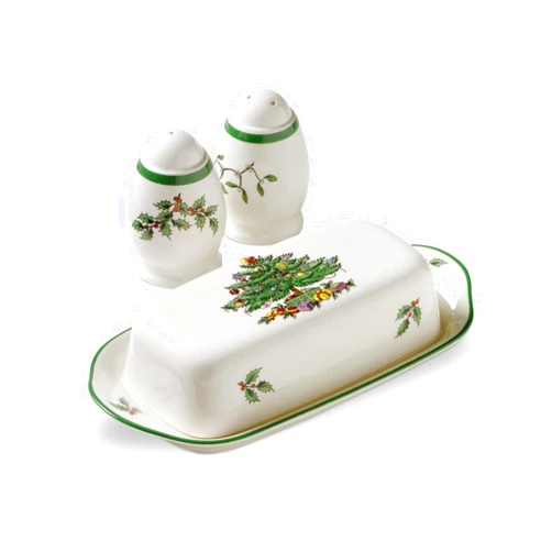 Spode Christmas Tree 3-Piece Hostess Set – Butter Dish with Lid, Salt Shaker & Pepper Shaker – Festive Earthenware for Christmas & Holiday Entertaining – Dishwasher Safe Gift Set