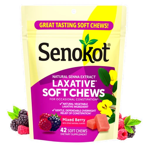 Senokot Laxative Soft Chews, Overnight Constipation Relief with Senna Extract, 42 Mixed Berry Chews