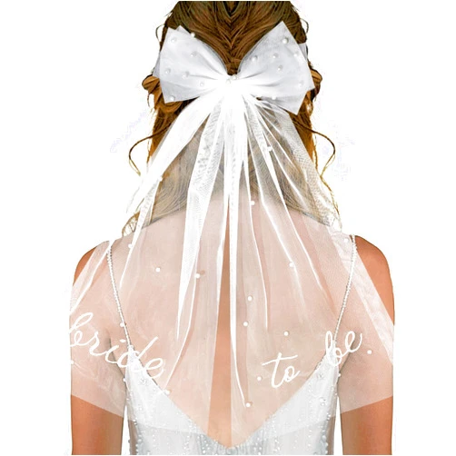 Woosir Bride to Be Bridal Veil Bachelorette Party White Pearl Bow Wedding Veil Hair Clip Tulle Bridal Short Veils for Women Girls Bachelorette Party Bridal Shower Bridesmaid Gift Engagement Party