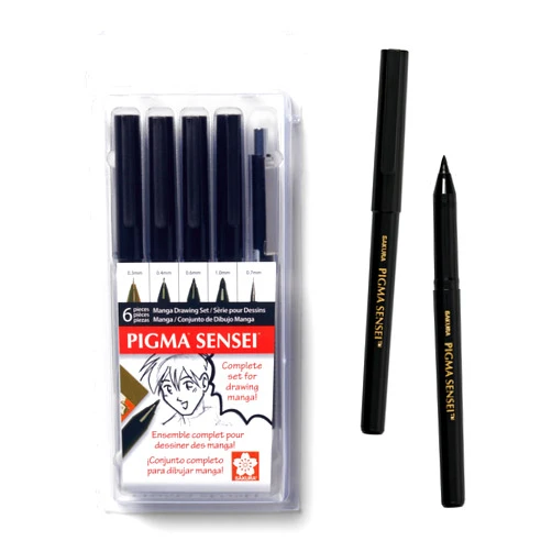 Sakura Pigma Sensei Manga Drawing Kit - Archival Black Ink Pens with Pencil & Eraser - Pens for Drawing Manga, Cartoon, & More - Assorted Nib Sizes - 6 Pack
