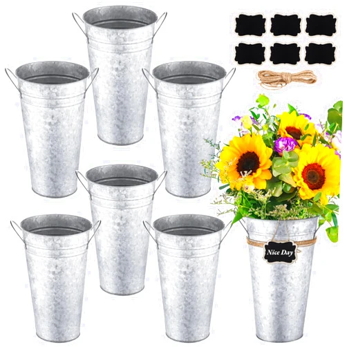 FELISTORY 6 Pcs Flower Buckets Bulk Galvanized Metal Vase, 12 Inch Wedding Decoration Pails for Cut Flowers with Handle Planter,French Centerpiece Farmhouse Florist Rustic Table Decor