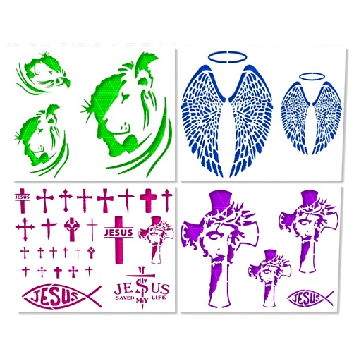 Lazy Stencils 4 Jesus Stencils- for Craft, Walls, Canvases - Reusable & Durable - 4 Pack stencils, Jesus Lion, Crosses, Angel Wings.
