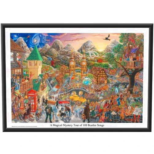 AYKU Tom Masse Magical Mystery Tour of 100 Beatles Songs Music 32x22 Dry Mounted Poster Wood Framed
