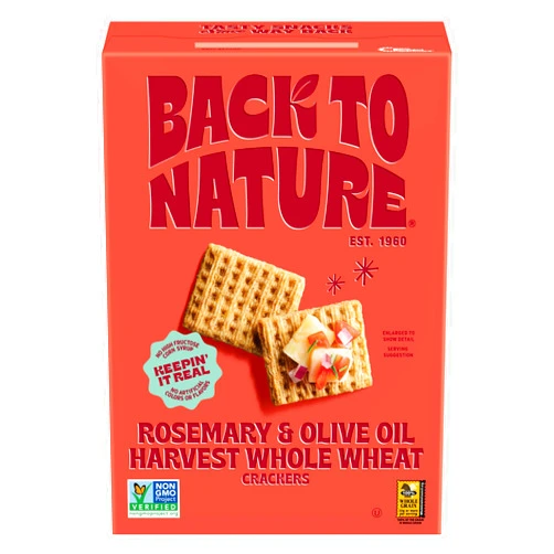 Back to Nature Rosemary & Olive Oil Harvest Whole Wheat Crackers, Non-GMO, Plant-Based Snack, Made with Whole Grain Wheat & Sea Salt, 7 oz Box