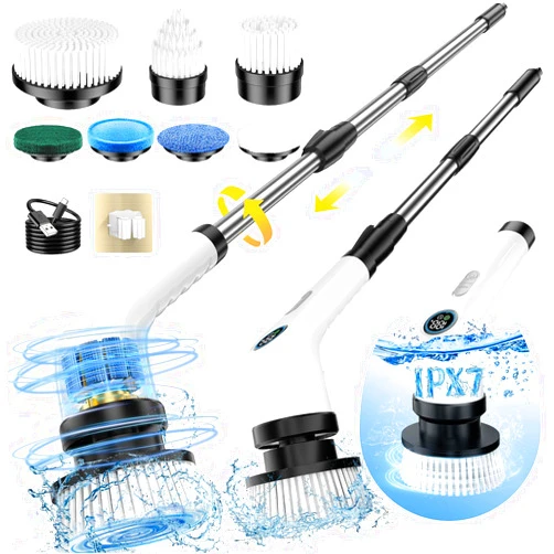 Yesayce Electric Spin Scrubber, Full-Body IPX7 Waterproof Cordless Power Cleaning Brush with Adjustable Extension Handle, 2-Speed Shower Scrubber with 7 Replaceable Brush Heads for Bathroom, Kitchen Cleaning