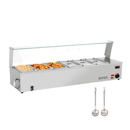 ROVSUN Electric Commercial Food Warmer 48QT, 6-Pan Steam Table Stainless Steel Bain Marie Countertop 8QT/Pan w/Acrylic Shield Temperature Control & Lid for Buffet Restaurant 1500W 110V