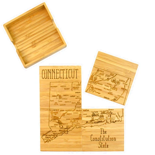Totally Bamboo Connecticut State Puzzle 4 Piece Bamboo Coaster Set with Case