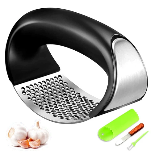 JASVIC Garlic Press Rocker, Stainless Steel Garlic Mincer Crusher Professional Kitchen Gadgets Garlic Chopper with Ergonomic Handle, Silicone Garlic Peeler