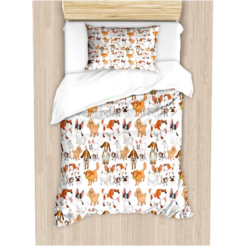 Ambesonne Dog Lover Duvet Cover Set, Cartoon Style Chihuahua Terrier Bulldog and Beagle Funny Characters Purebred Pets, Decorative 2 Piece Bedding Set with 1 Pillow Sham, Twin Size, Pastel Brown