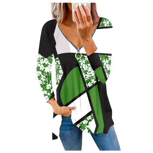Yesunpxs Irregular Striped Geometric Printed Long Sleeve for Womens Zipper V- Neck Blouse Casual Shirts Tops Pullover Sweatshirts