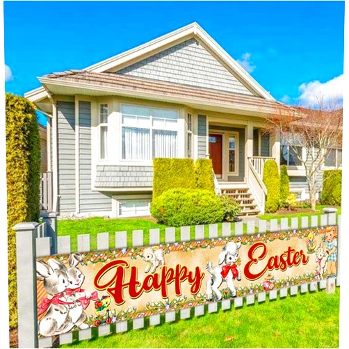 Tezivvo Large Vintage Easter Banner - 9.8 x 1.6 ft Polyester Easter Decoration, Reusable, Indoor Outdoor