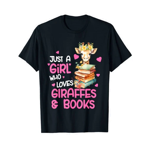 Pink Giraffe Print For Girls And Book Lovers Just A Girl Who Loves Giraffes and Books Cute Reading Gift T-Shirt