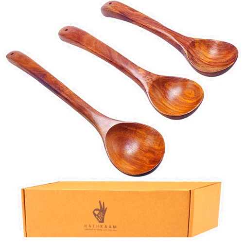 Hathkaam 3 Pcs Wooden Ladle Spoon Set | Sheesham Wood Kitchen Large Deep Serving Spoon for Pot, Bowl, Salad, Stirring Soup & Rice | Wood Kitchen Utensils for Cooking Stirring Serving | HKKW002