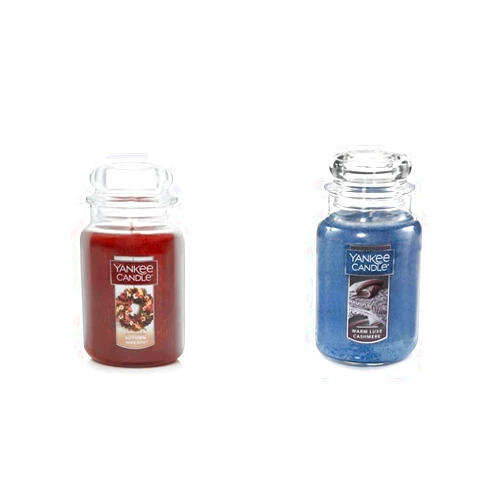 Yankee Candle Autumn Wreath and Warm Luxe Cashmere 22oz Large Jar Candles Bundle, Over 110 Hours Burn Time Each