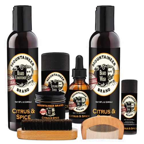 Mountaineer Brand Ultimate Beard Bundle | Beard Wash, Conditioner, Beard Balm, Beard Oil, Stache Stick, Styling Stick for Men with Wood Comb & Brush | For Soft Manageable Hair | Citrus & Spice Scent