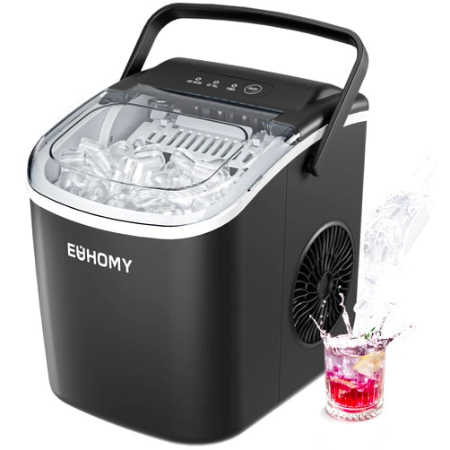EUHOMY Countertop Ice Maker Machine with Handle, 26lbs in 24Hrs, 9 Ice Cubes Ready in 6 Mins, Auto-Cleaning Portable Ice Maker with Basket and Scoop, for Home/Kitchen/Camping/RV. (Black)