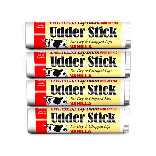 Dr. Hess Original Udder Stick SPF Lip Balm, Soothing Moisturizer Sun Screen Balm for Dry Lips with Jojoba, Beeswax & Shea Butter, Total Lip Care, Hydration & Repair, Vanilla Flavor, 4 Pack