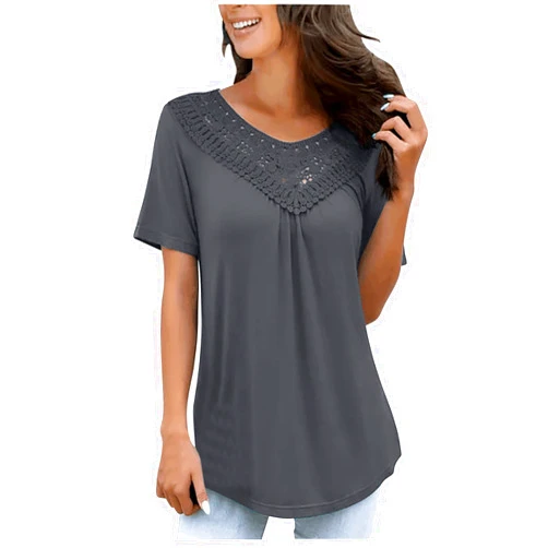 Bawilom Womens Plus Size Tunic Tops to Wear Leggings Crochet Eyelet V Neck Pleated Blouses Summer T Shirts Classic Tees