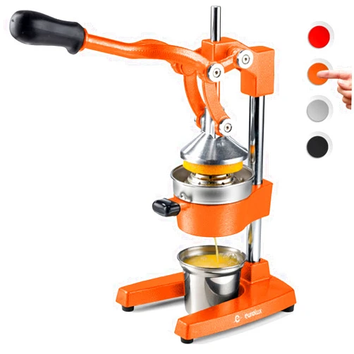 Eurolux Cast Iron Citrus Juicer | Extra-Large Commercial Grade Manual Hand Press | Heavy Duty Countertop Squeezer for Fresh Orange Juice (Bonus Stainless Steel Cup) (Orange)