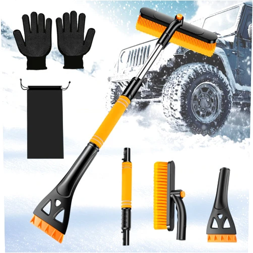 COFSODI Car Windshield Ice Scraper With Snow Brush, Snow Removal Squeegee For Automotive, Exterior Dust Remover Brushes And Brooms, Essential Winter Car Window Extendable Long Handled Snow Brush Tool.