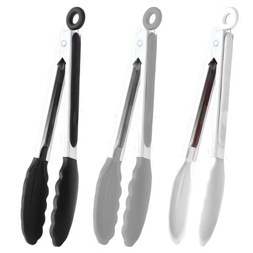 HINMAY 9-Inch Kitchen Cooking Tongs with Silicone Tips, Set of 3 (Black White Gray)