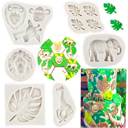 MYPRACS Jungle Safari Animal Cake Molds Tropical Leaf Silicone Molds Animals Fondant Molds Lion Elephant Giraffe Monkey Chocolate Mold For Cake Decoration Cupcake Candy Polymer Clay Gum Paste Set Of 6