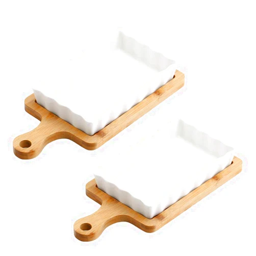 MISETA 2pcs Vintage White Ceramic Cheese Snack Fruit Platter Food Trays Decorative Serving Tray with Bamboo Trivet