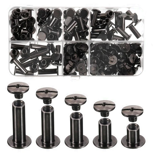 Pangda 80 Sets Chicago Screw Leather Rivets Assorted Kit Chicago Binding Screws 5 Sizes Metal Round Cross Head Stud Screw Post Nail Rivet Button for DIY Leather(5 x 6, 10, 12, 15, 18,Black)