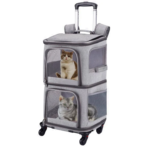 VOISTINO Double Pet Carrier Backpack with Wheels for Small Cats and Dogs, Rolling Cat Travel Carrier, Super Ventilated Design, Ideal for Traveling/Hiking/Camping, Grey