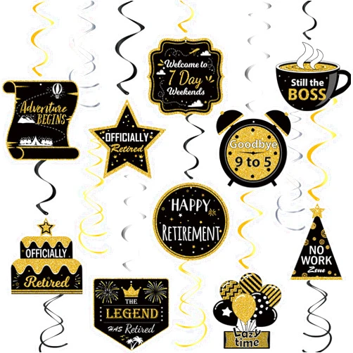 PARTYSURE 16 Pieces Retirement Party Decorations, Black and Gold Retirement Hanging Decorations Retirement Party Supplies