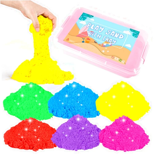 AtMini Play Sand with 6 Colored Sands of 11lbs, Including a Sand Tray with Lid - Sensory Toy Kits and Sand Art Kits for Kids (Pink Tray)