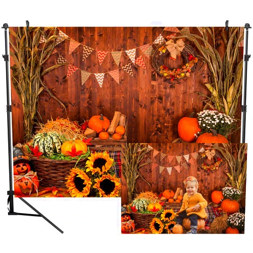 DULUDA 9X6FT Fall Thanksgiving Photography Backdrop Rustic Wooden Floor Barn Harvest Background Autumn Pumpkins Maple Leaves Sunflower Baby Portrait Party Decoration Photo Studio Booth Props HW45B