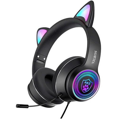 VIGROS Cat Ear Gaming Headphones Wired AUX 3.5mm LED Light, Noise Canceling Game Headphones Stereo Foldable Over-Ear Headsets with Microphone Fit Girls, Kids for PC, PS4, Switch, Xbox, Mobile, Laptop