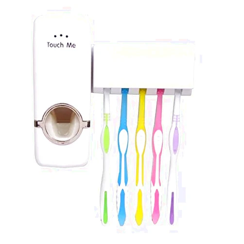 LareinaXXX RV Automatic Toothpaste Dispenser with Wall Mount Toothbrush Holder Toothpaste Squeezer with 5 Brushes Set Kids Hands Free Toothpaste Dispenser for Shower Bathroom Sink (White)