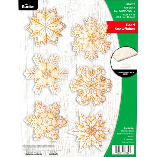 Bucilla Felt Applique 6 Piece Ornament Making Kit, Pearl Snowflakes, Perfect for Holiday DIY Arts and Crafts, 89682E