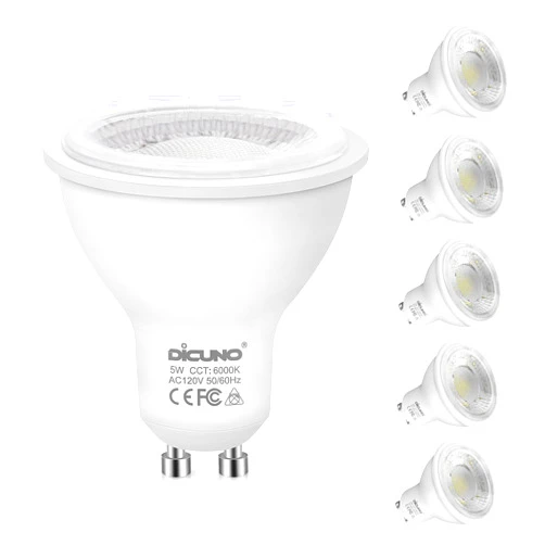 DiCUNO GU10 LED Bulbs 5W Daylight White, 6000K, 500lm, 45 Degree Beam Angle, Spotlight, 50W Halogen Bulbs Equivalent, Non-dimmable MR16 LED Light Bulbs, 6-Pack