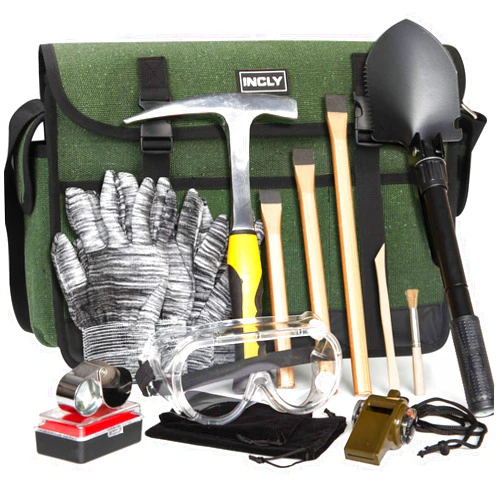 INCLY 15 PCS Geology Rock Pick Hammer Kit, 32oz Hammer & 3 PCS Digging Chisels Set for Rock Hounding, Gold Mining & Prospecting Equipment Tool Gear Shovel Musette Bag, Compass, Whistle, Wooden Chisel