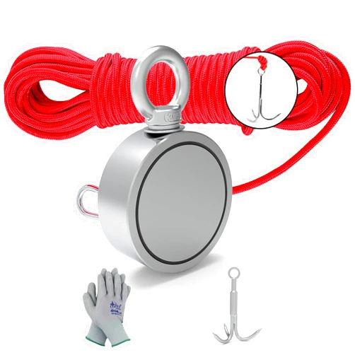 MHDMAG Double Sided Magnet Fishing Kit with Grappling Hooks and Gloves, 860lbs combined strength Super Strong Retrieval Neodymium Magnets with 100FT Rope for River Magnetic Recovery Salvage Fishing.