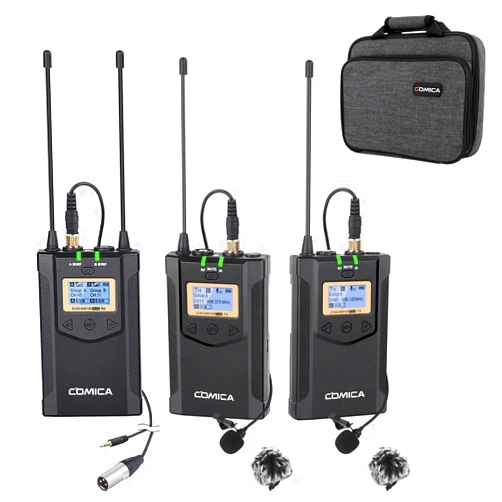 Comica CVM-WM100PLUS - Wireless Microphone System for Cameras, Camcorders, Smartphones, Laptops, Professional UHF Wireless Lavalier Lapel Microphone with Dual-Channel Recording, AA Batteries